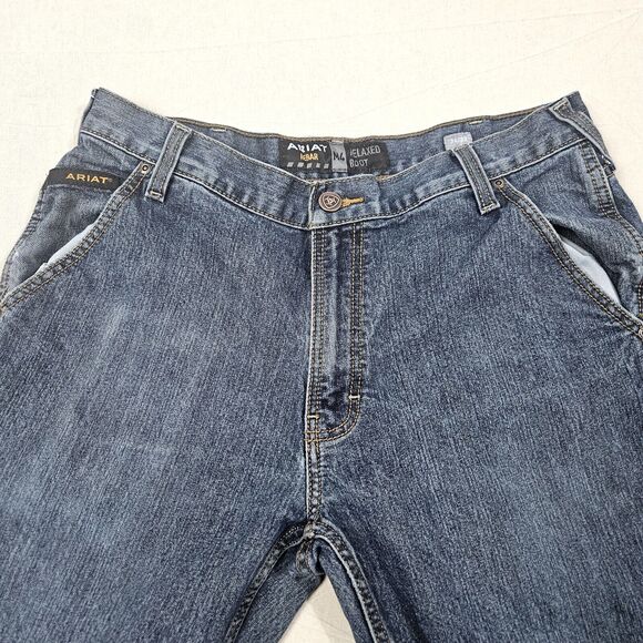 Ariat Jeans 34x32 Blue Denim Boot Cut Relaxed Fit M4 Rebar Loop Lock Work Wear - Picture 2 of 13
